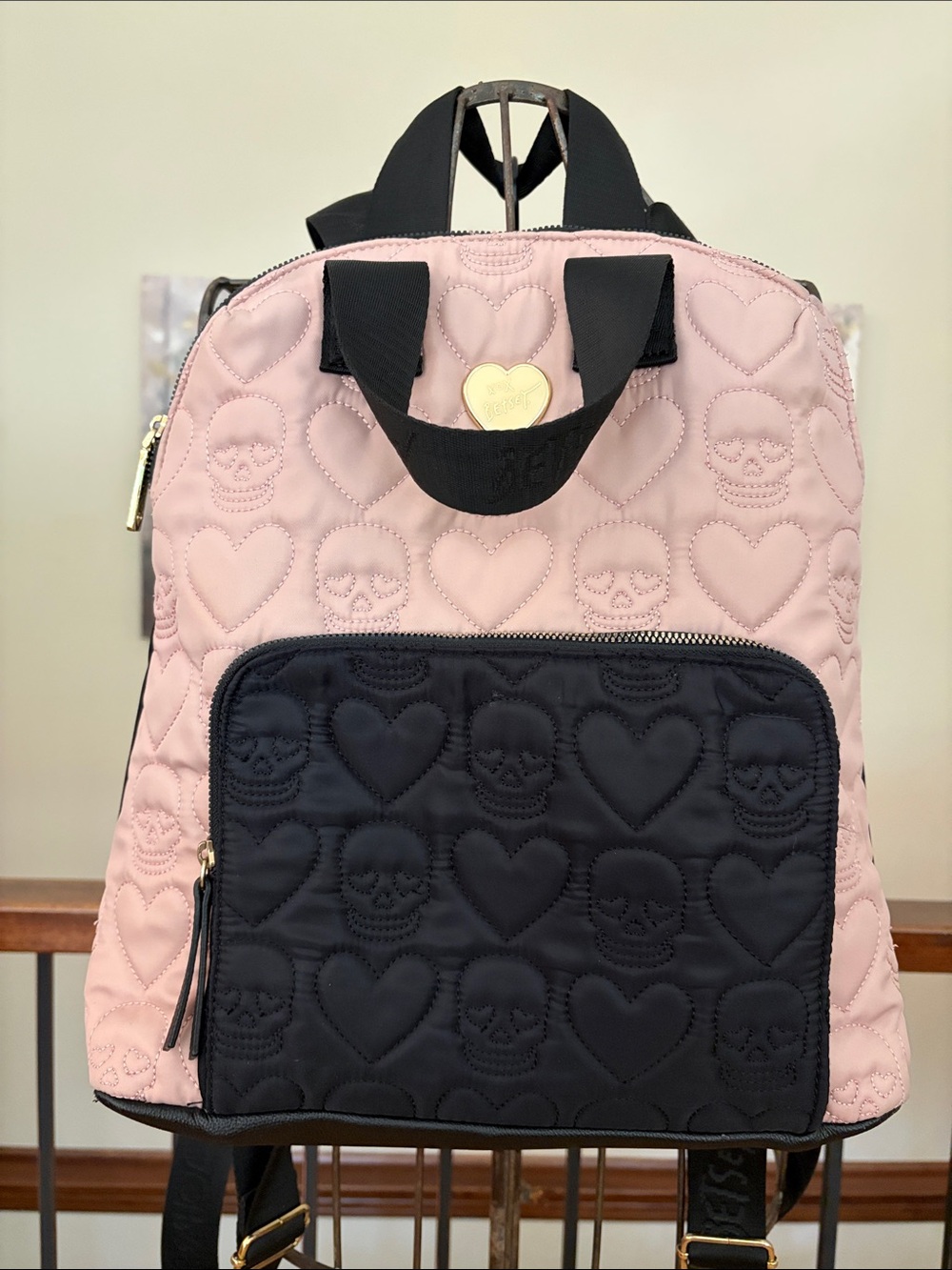 Betsey Johnson Quilted Skull Heart Nylon Backpack Blush Pink Black Goth Y2K Bag